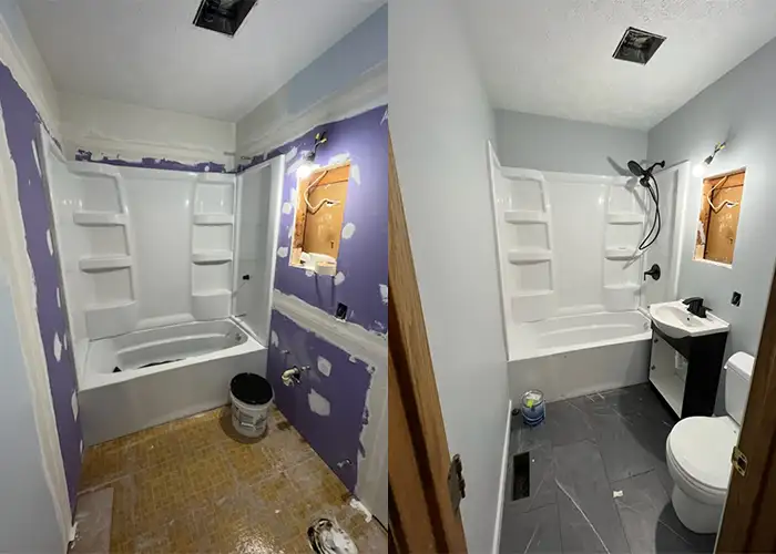 Integrity Painting & Drywall - Remodeling project - bathroom drywall before and after - Bloomington, IL